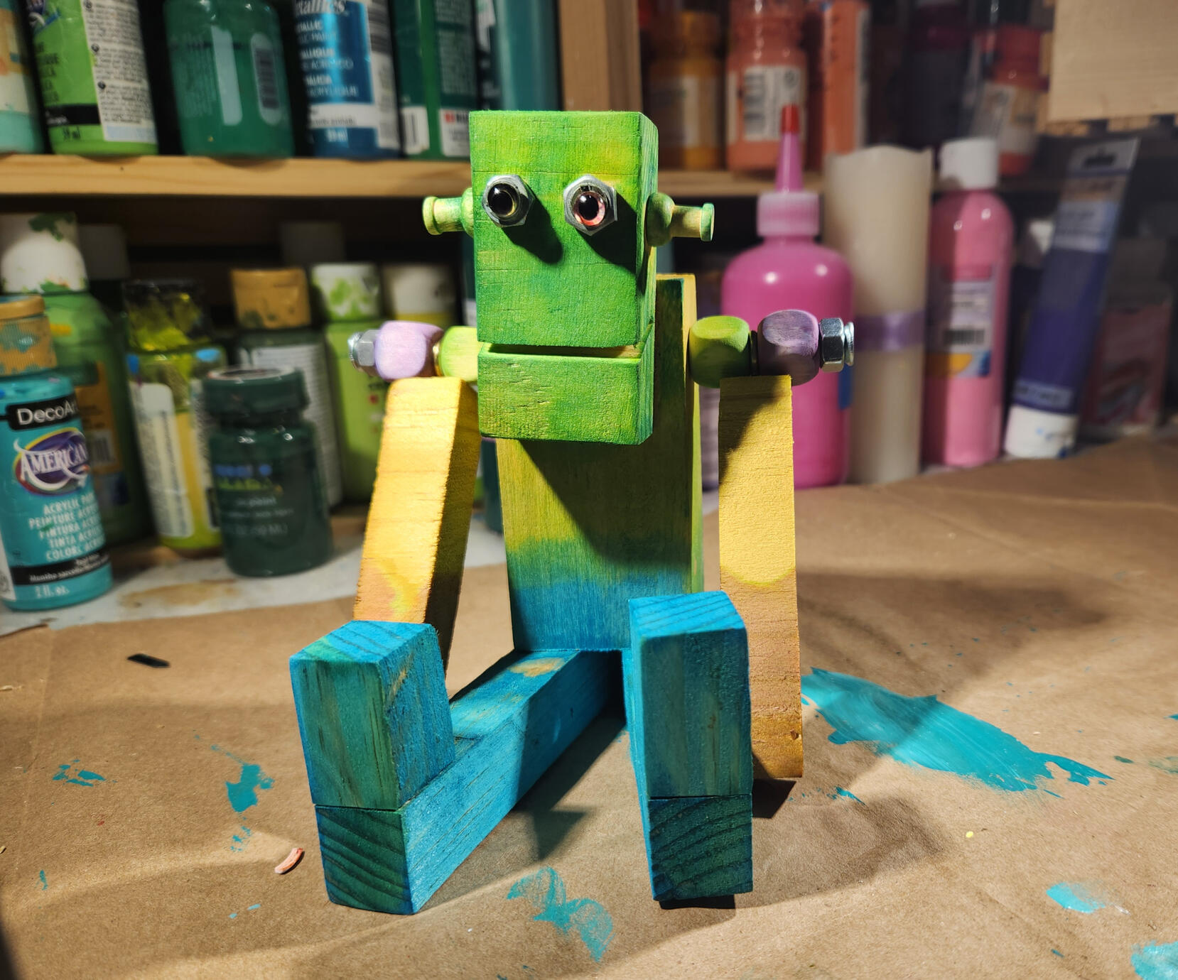 Recovered wood robot sculpture.